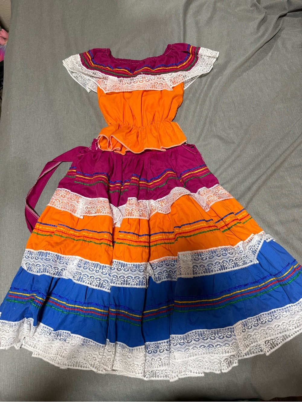 Central and South America folk Multi-Color Tiered Lace Maxi Dress for Girls